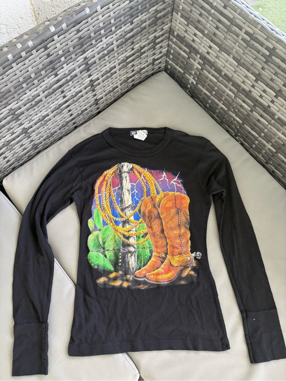 Black Long Sleeve Tee with Orange Cowboy Boot Graphic - Women's